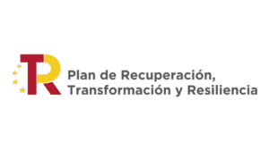 Logo for Plan de Recuperación, Transformación y Resiliencia with red and yellow 'TR' initials and stars on the left (Spanish government program).