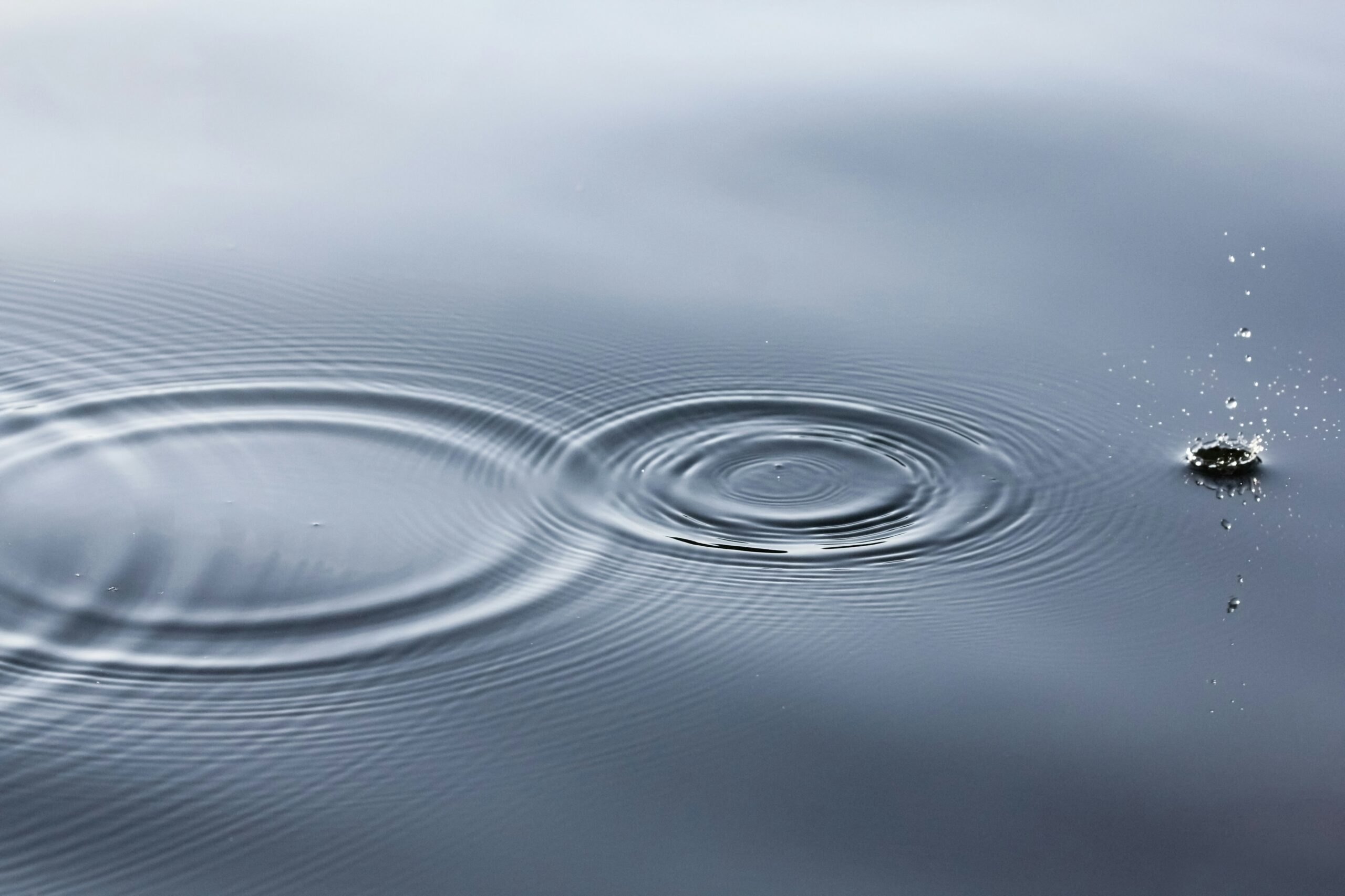 Calm blue water surface with circular ripples emanating from a small splash near the bottom right corner.