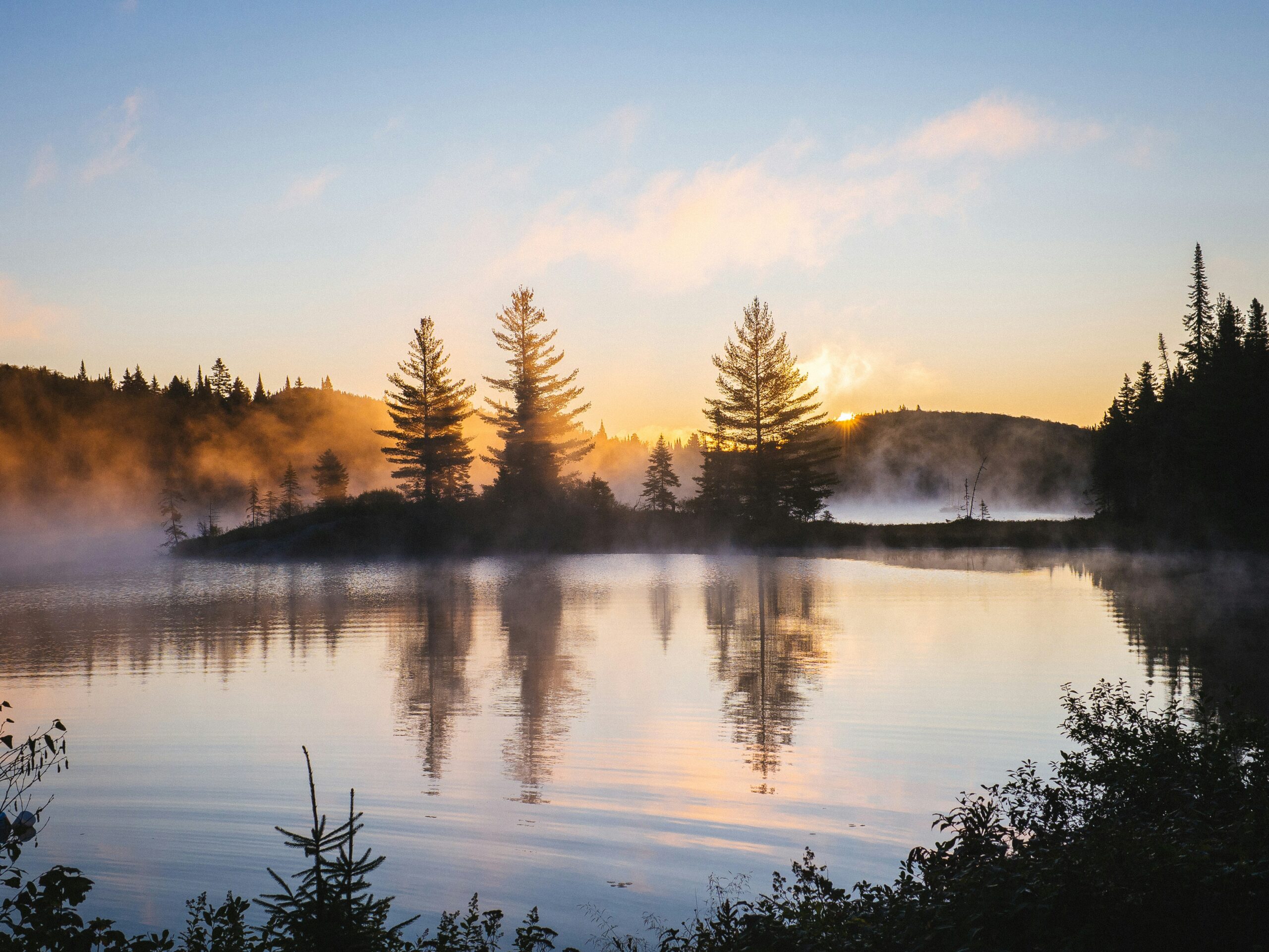 Sunrise over a misty lake with pine trees along the shore and calm water reflecting the sky.
